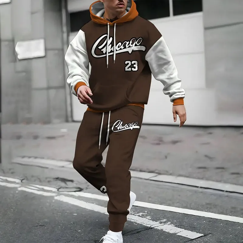 Men's Sporty Casual Color Block Chicago 23 Print Hoodie and Pants Set 2411011306