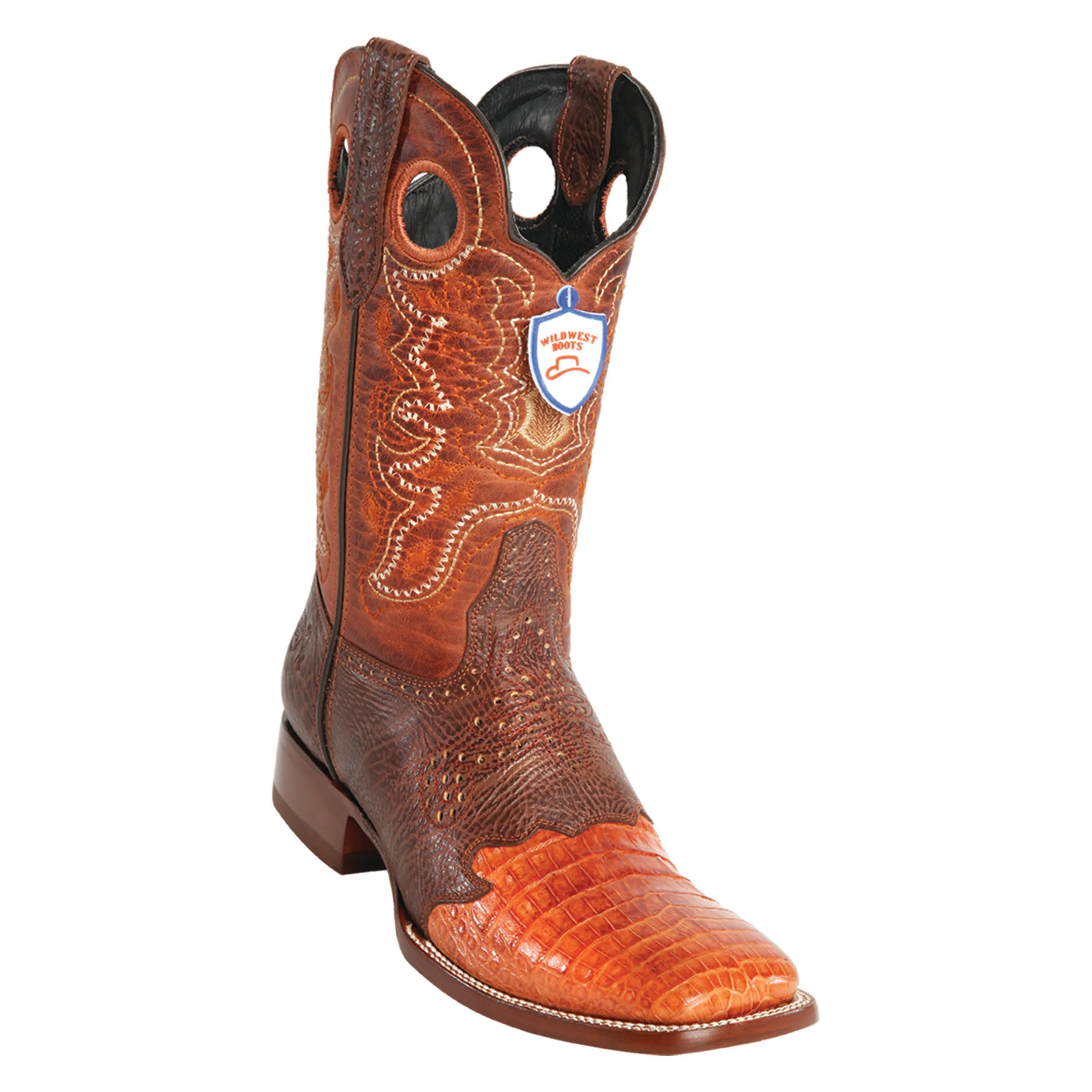 Men's Wild West Caiman Belly Saddle Boots Wide Square Toe