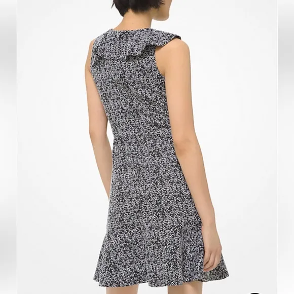 Michael KORS dress ruffle flowy gray black zipper back tweed jacquard kn…