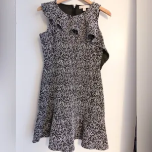 Michael KORS dress ruffle flowy gray black zipper back tweed jacquard kn…