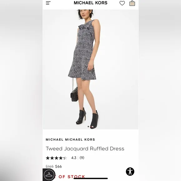 Michael KORS dress ruffle flowy gray black zipper back tweed jacquard kn…