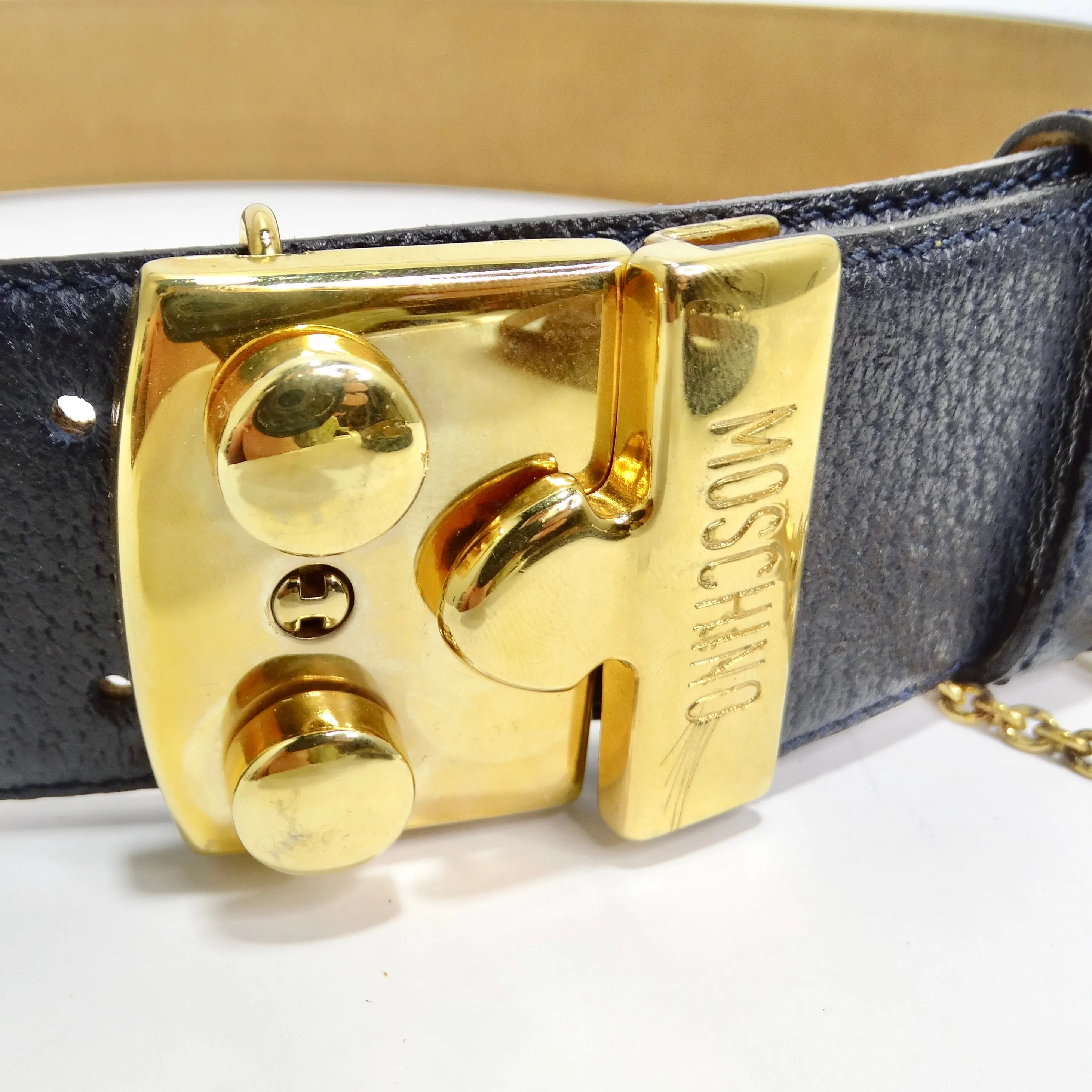 Moschino 90s Navy Leather Key Lock Belt