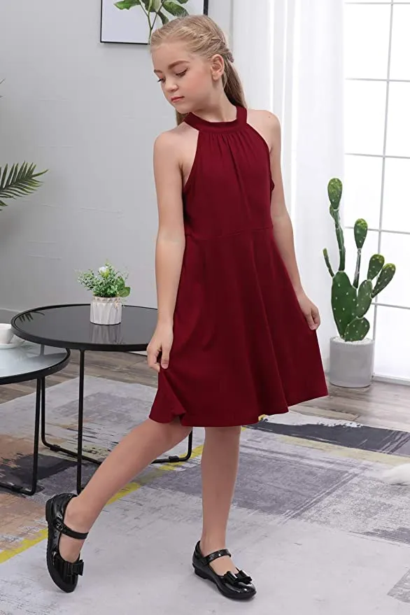 New GORLYA Girl's Halter Neck Cold Shoulder Sleeveless Casual A-line Dress with Pockets, Sz 6-7 Years!