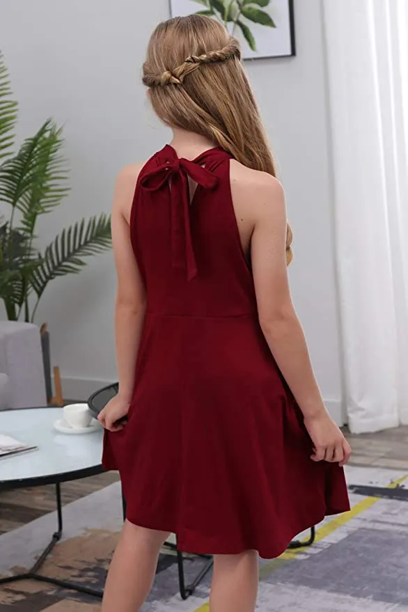 New GORLYA Girl's Halter Neck Cold Shoulder Sleeveless Casual A-line Dress with Pockets, Sz 6-7 Years!