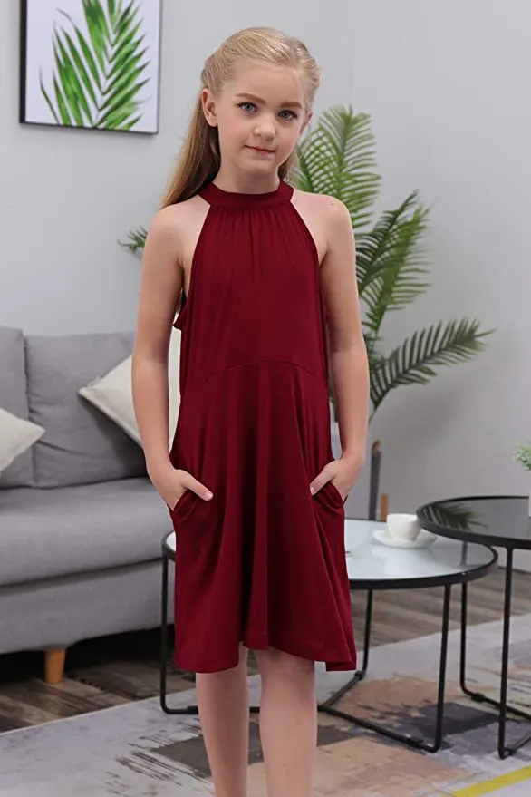 New GORLYA Girl's Halter Neck Cold Shoulder Sleeveless Casual A-line Dress with Pockets, Sz 6-7 Years!