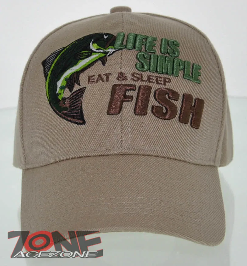 NEW! LIFE IS SIMPLE EAT & SLEEP FISH OUTDOOR SPORT FISHING CAP HAT TAN