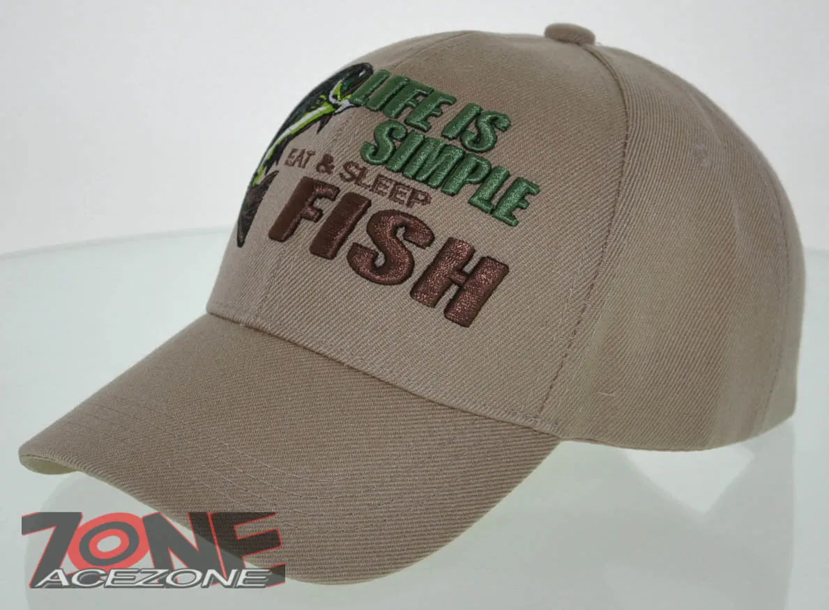 NEW! LIFE IS SIMPLE EAT & SLEEP FISH OUTDOOR SPORT FISHING CAP HAT TAN