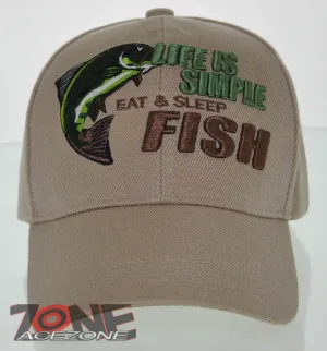 NEW! LIFE IS SIMPLE EAT & SLEEP FISH OUTDOOR SPORT FISHING CAP HAT TAN