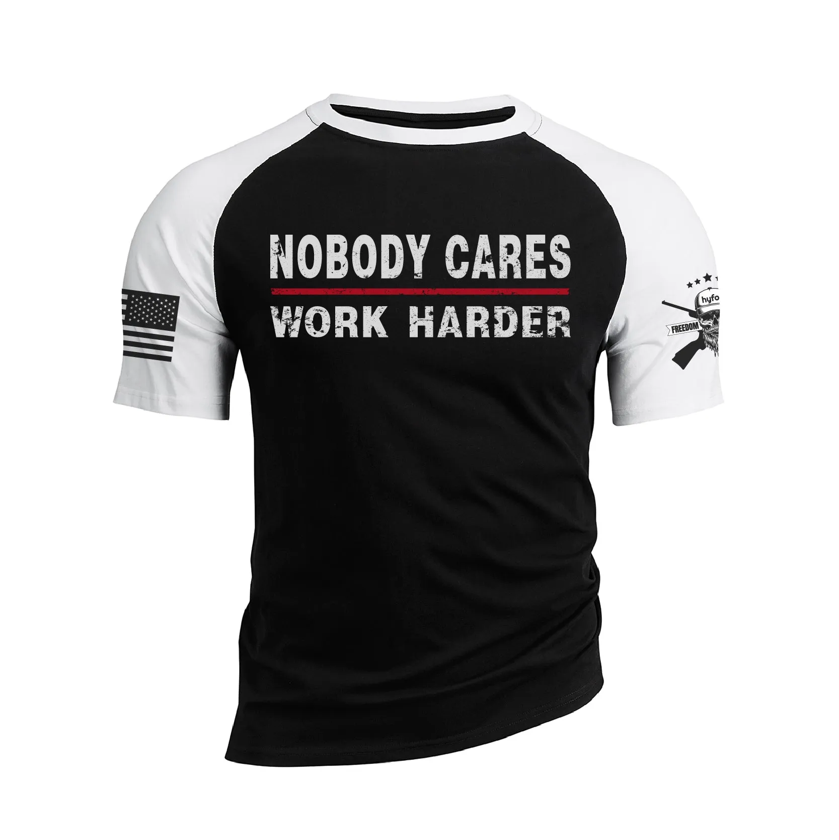 NOBODY CARES WORK HARDER 100% COTTON RAGLAN GRAPHIC TEE