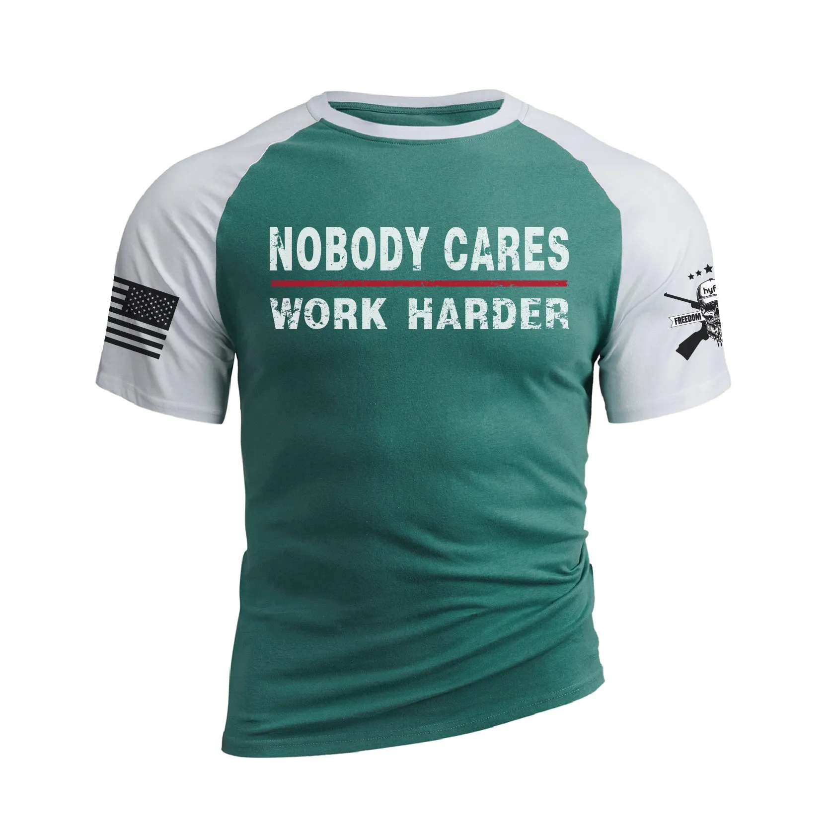 NOBODY CARES WORK HARDER 100% COTTON RAGLAN GRAPHIC TEE