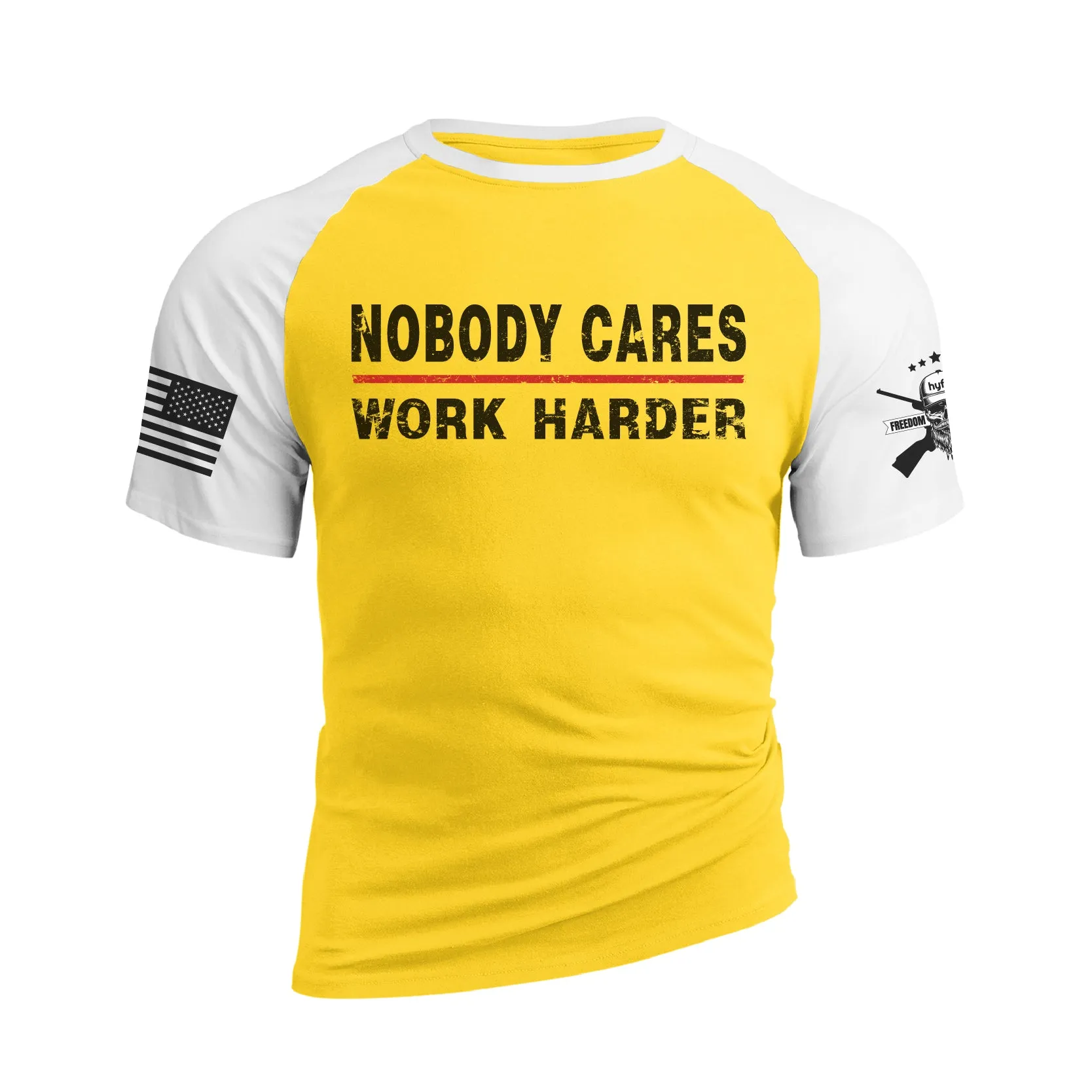 NOBODY CARES WORK HARDER 100% COTTON RAGLAN GRAPHIC TEE