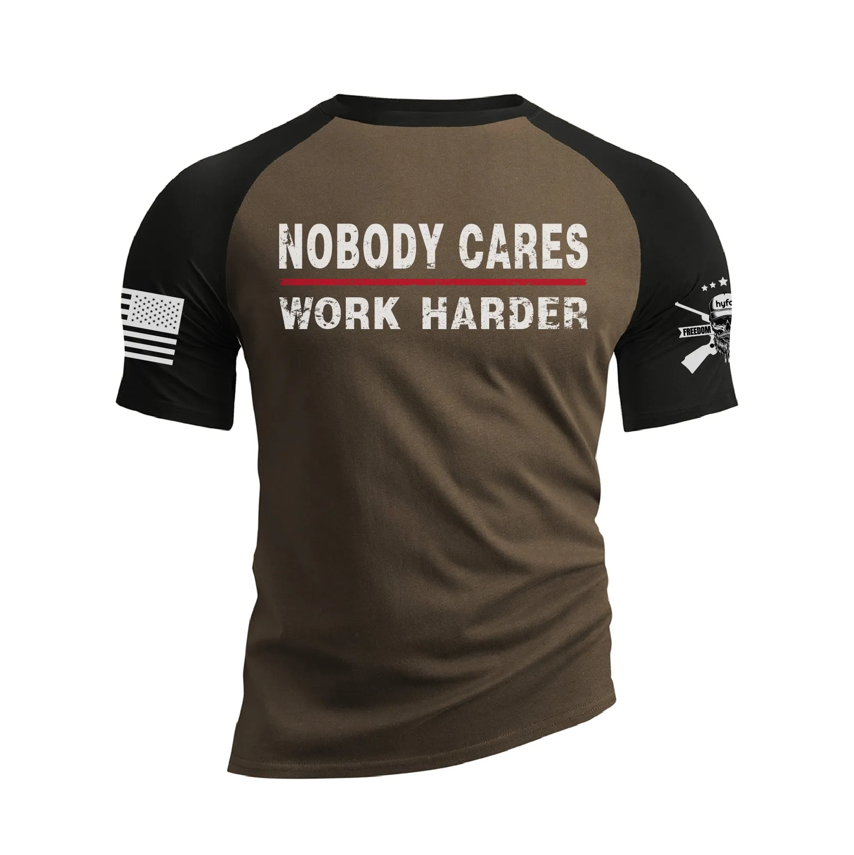 NOBODY CARES WORK HARDER 100% COTTON RAGLAN GRAPHIC TEE