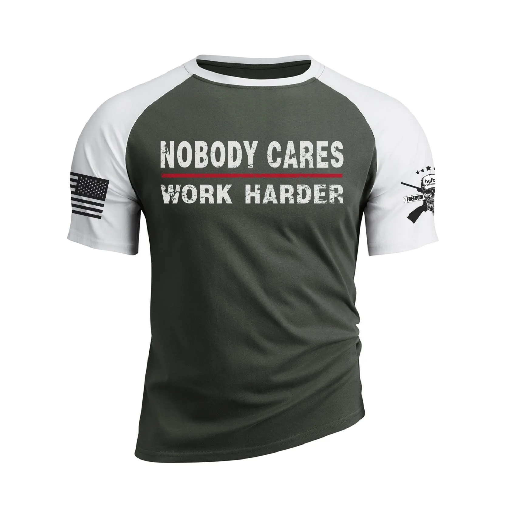 NOBODY CARES WORK HARDER 100% COTTON RAGLAN GRAPHIC TEE