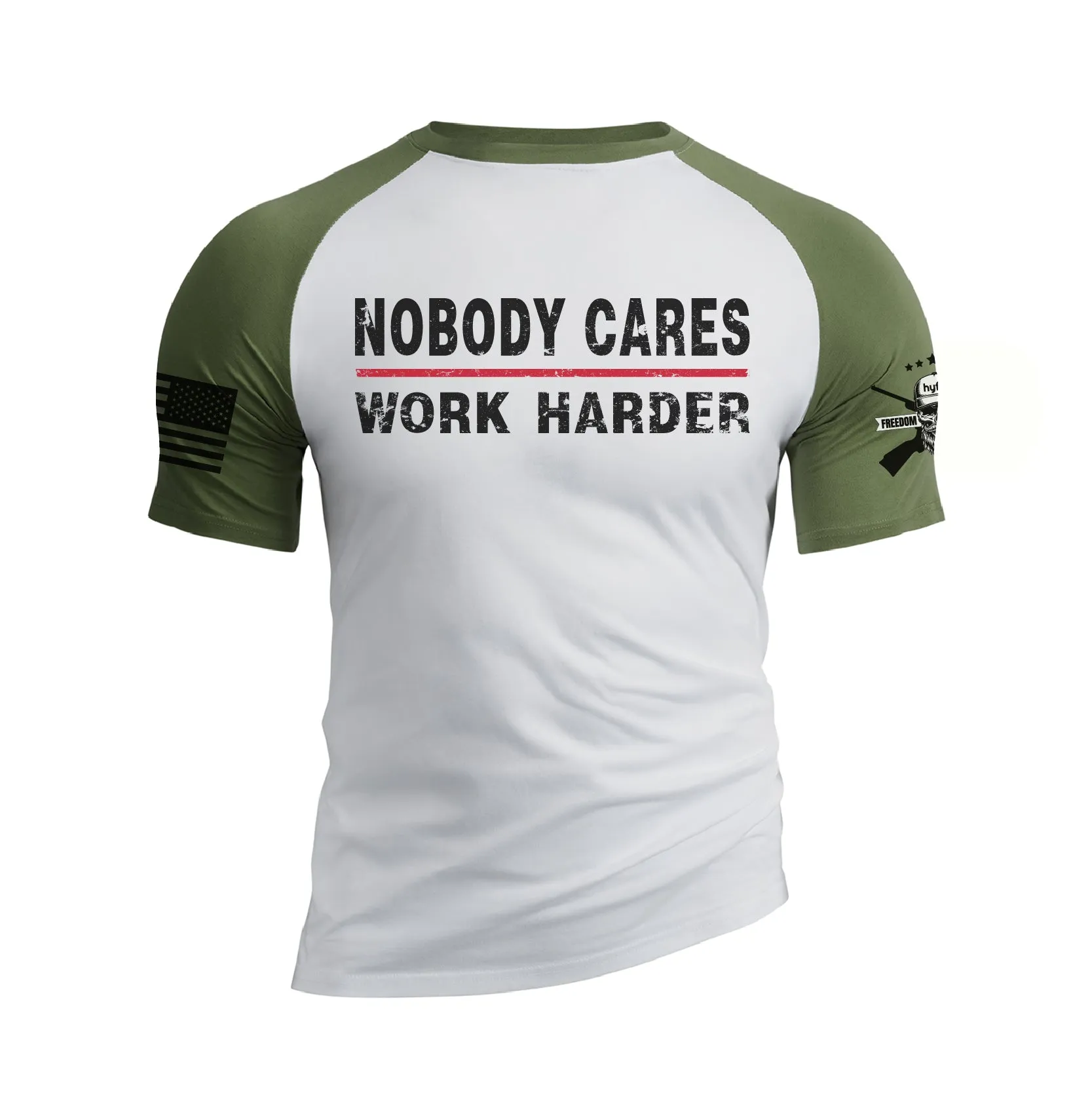 NOBODY CARES WORK HARDER 100% COTTON RAGLAN GRAPHIC TEE