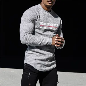 NOBODY CARES WORK HARDER WAFFLE RAGLAN GRAPHIC SWEATSHIRT