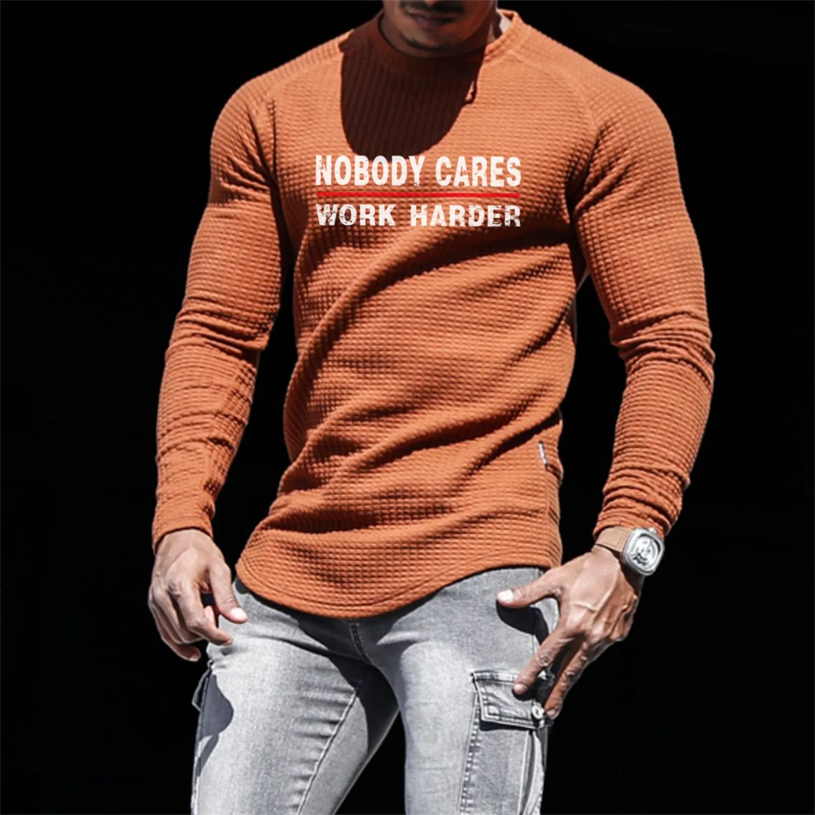 NOBODY CARES WORK HARDER WAFFLE RAGLAN GRAPHIC SWEATSHIRT