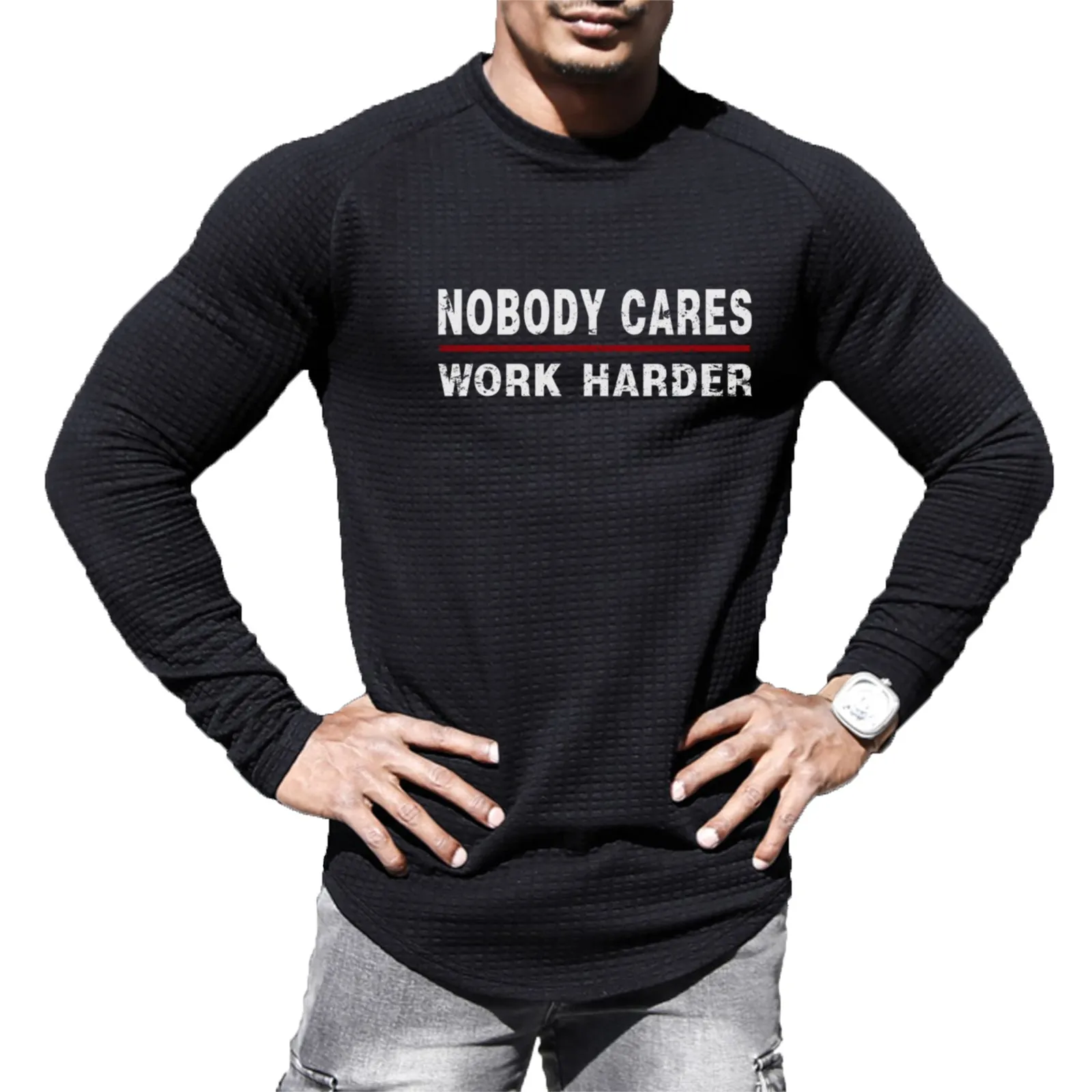 NOBODY CARES WORK HARDER WAFFLE RAGLAN GRAPHIC SWEATSHIRT