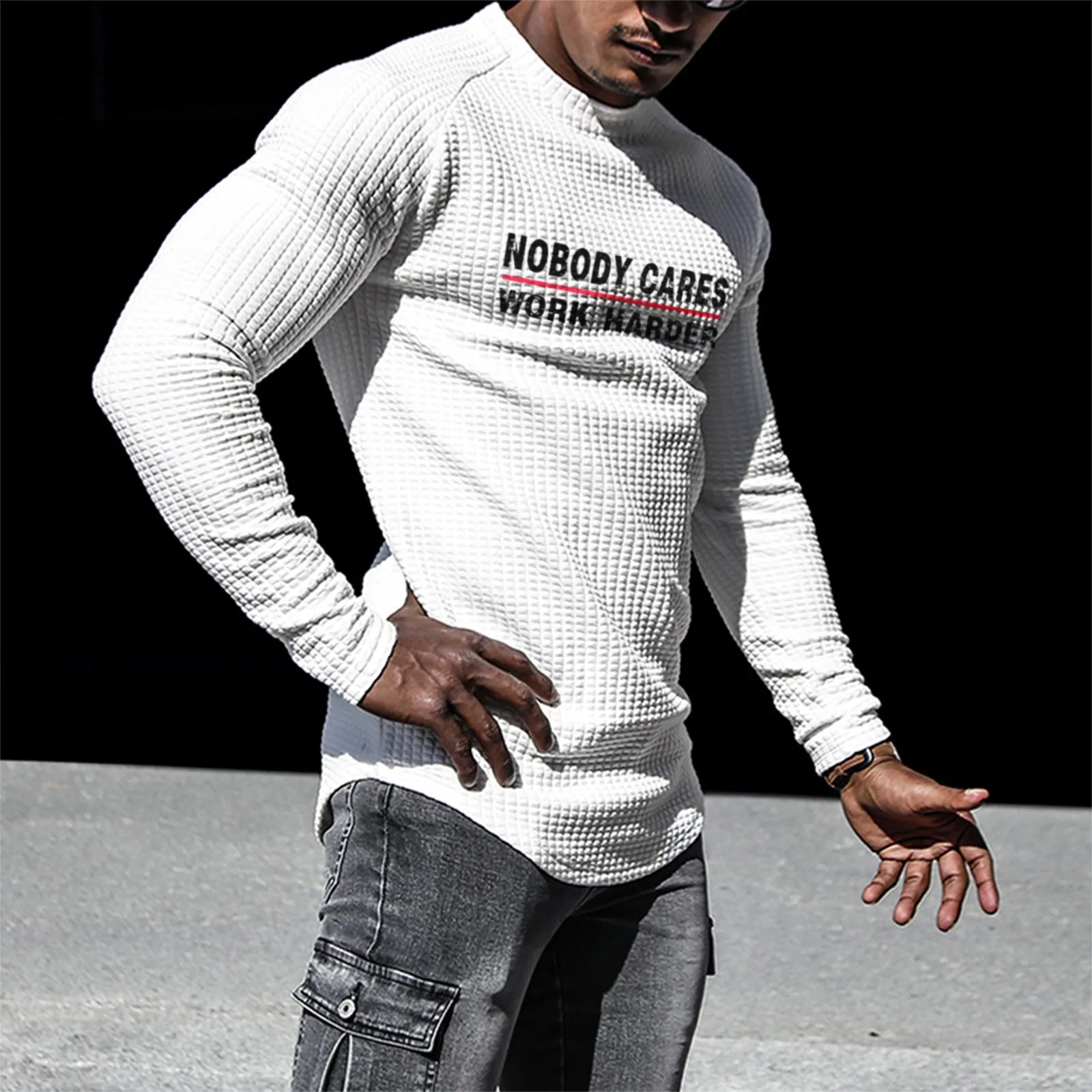 NOBODY CARES WORK HARDER WAFFLE RAGLAN GRAPHIC SWEATSHIRT