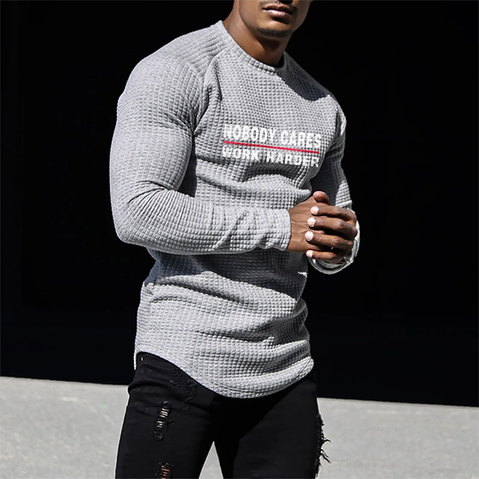 NOBODY CARES WORK HARDER WAFFLE RAGLAN GRAPHIC SWEATSHIRT