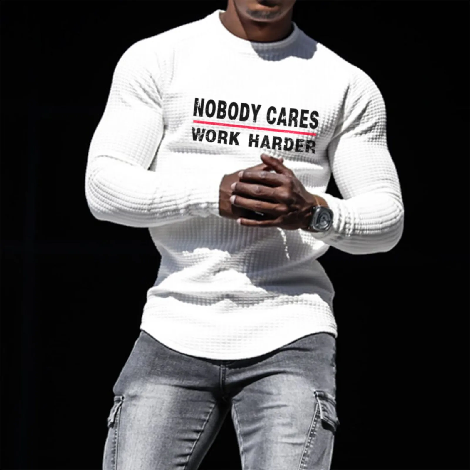 NOBODY CARES WORK HARDER WAFFLE RAGLAN GRAPHIC SWEATSHIRT