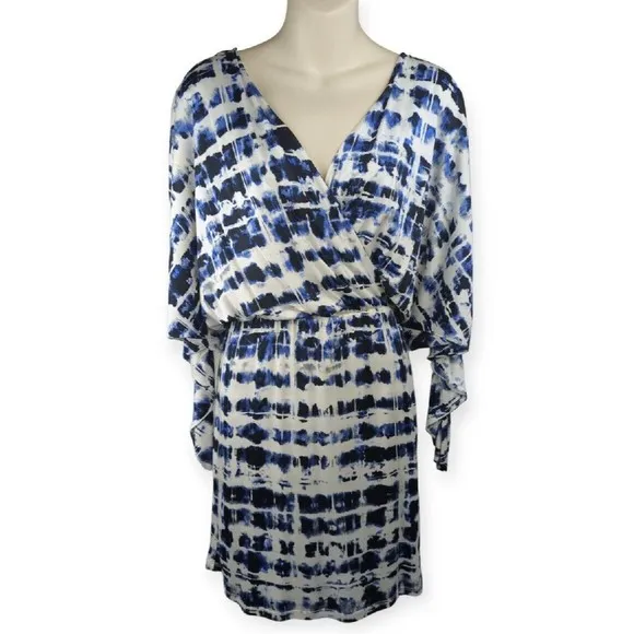 PARKER Blouson Dress Stretch Drape Faux Wrap Watercolor Blue Dolman Sleeve M L