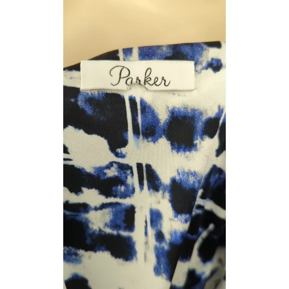 PARKER Blouson Dress Stretch Drape Faux Wrap Watercolor Blue Dolman Sleeve M L