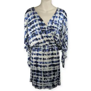 PARKER Blouson Dress Stretch Drape Faux Wrap Watercolor Blue Dolman Sleeve M L