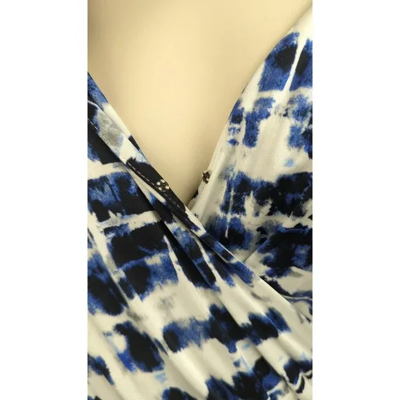 PARKER Blouson Dress Stretch Drape Faux Wrap Watercolor Blue Dolman Sleeve M L