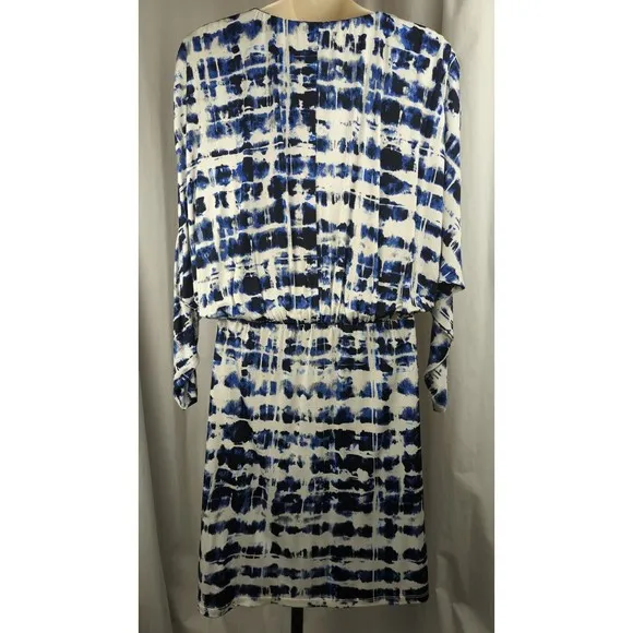 PARKER Blouson Dress Stretch Drape Faux Wrap Watercolor Blue Dolman Sleeve M L
