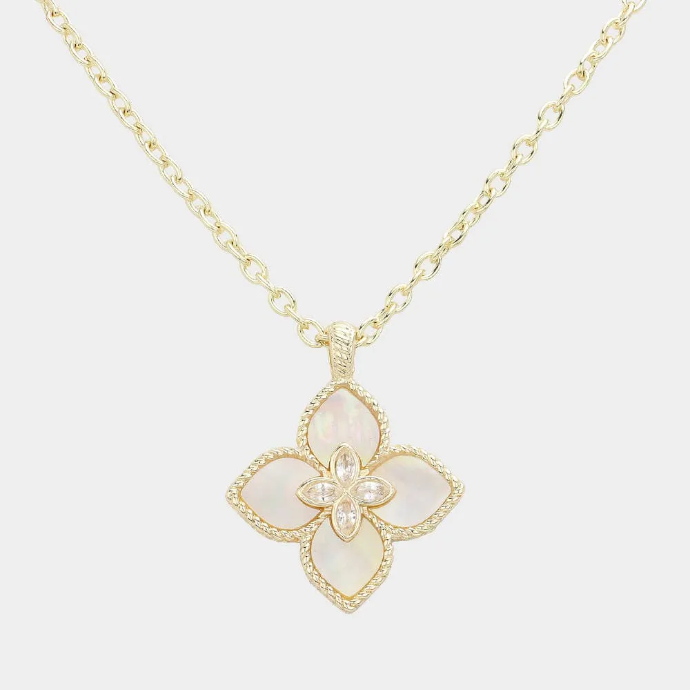 PDN9308 - 14K Gold Plated CZ Mother Of Pearl Clover Pendant Necklace