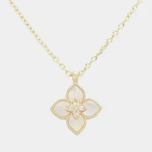 PDN9308 - 14K Gold Plated CZ Mother Of Pearl Clover Pendant Necklace