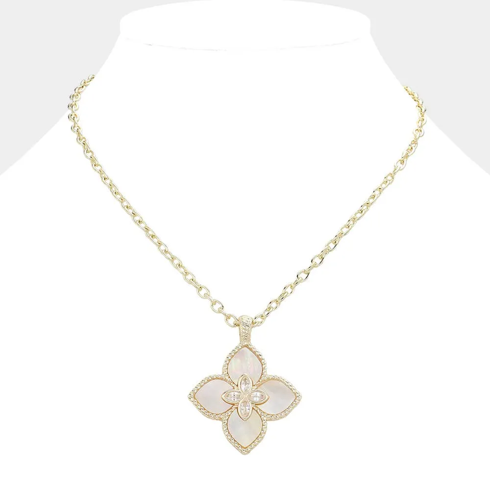 PDN9308 - 14K Gold Plated CZ Mother Of Pearl Clover Pendant Necklace