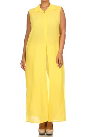 Plus Size Mod Button Up Sheer Yellow Maxi Dress