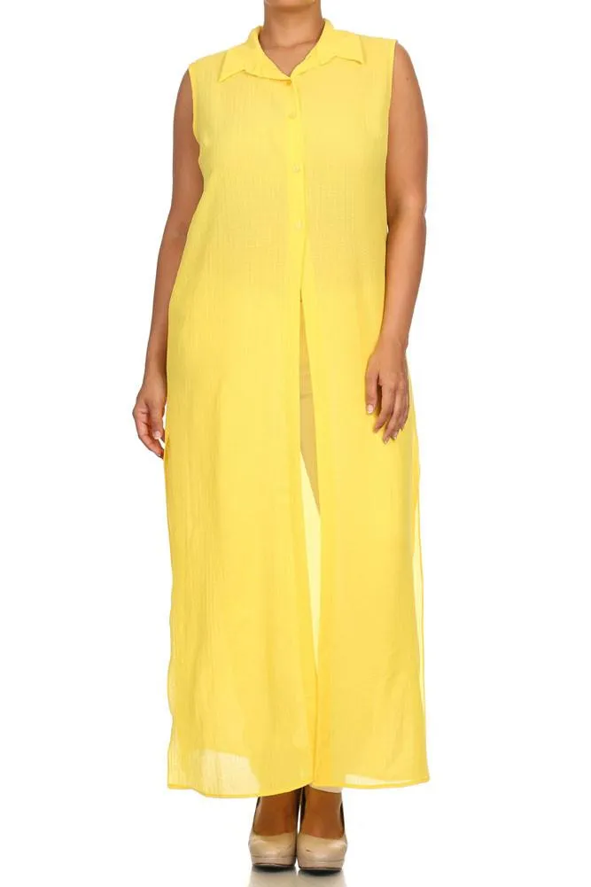 Plus Size Mod Button Up Sheer Yellow Maxi Dress
