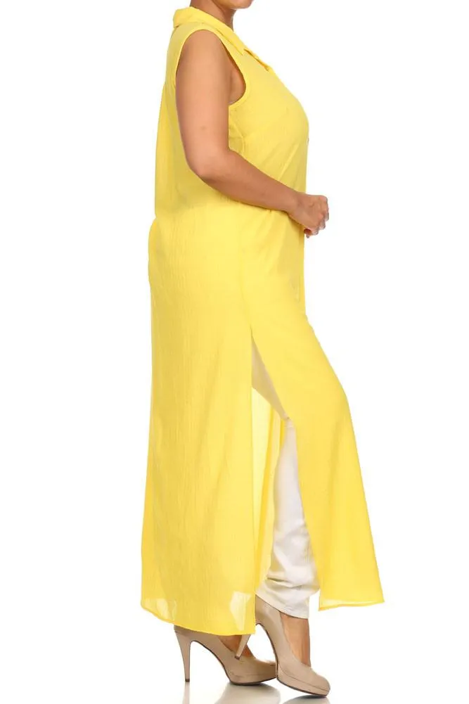 Plus Size Mod Button Up Sheer Yellow Maxi Dress