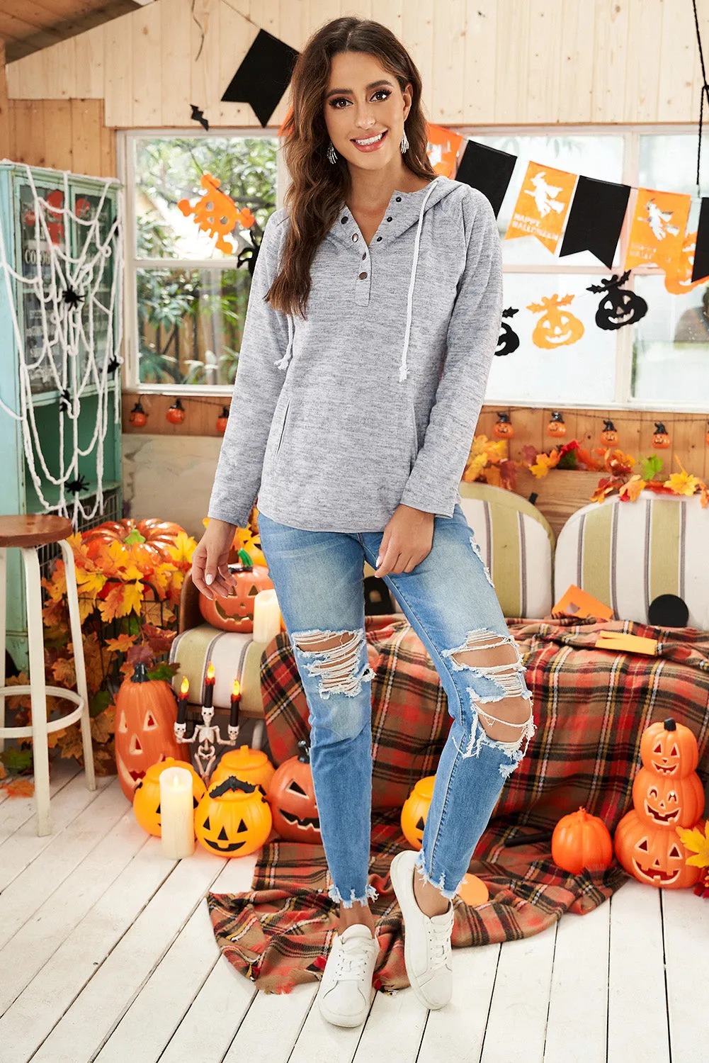 Pocket Design Buttoned Casual Hoodie