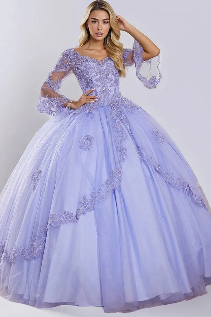 Princess Lilac Tulle Long Sleeves V-neck Quinceanera Dresses
