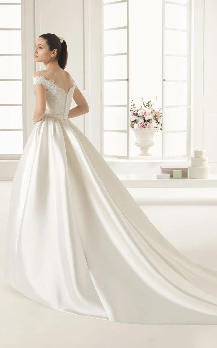 Princess Style Off-shoulder Lacy Bodice Satin Gown With Bow and Pockets-704089