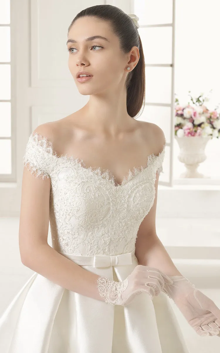 Princess Style Off-shoulder Lacy Bodice Satin Gown With Bow and Pockets-704089