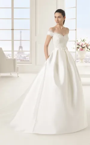 Princess Style Off-shoulder Lacy Bodice Satin Gown With Bow and Pockets-704089