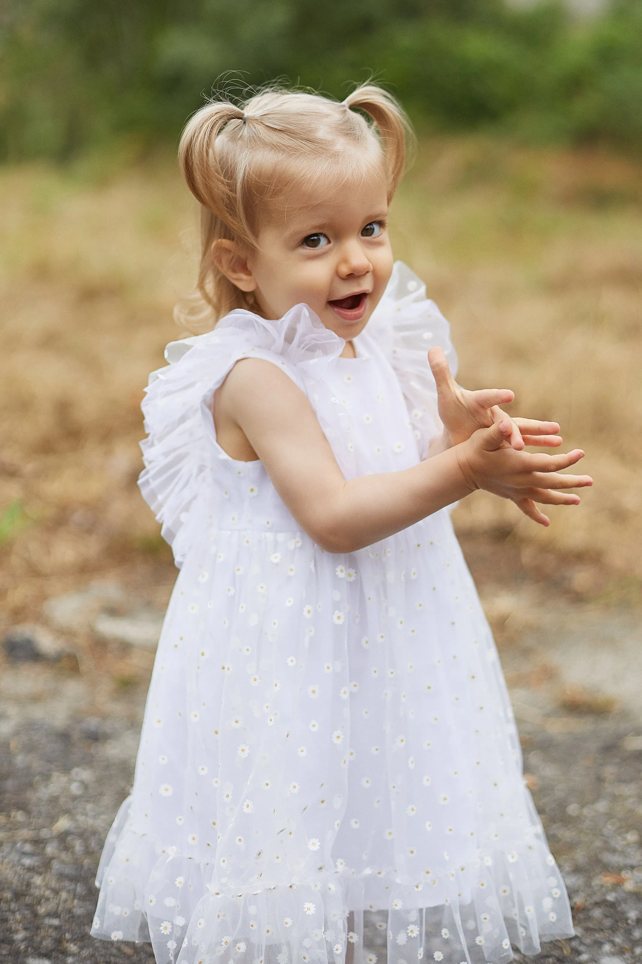 "Anastasia" White Tulle Daisy Print Dress