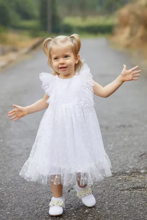 "Anastasia" White Tulle Daisy Print Dress