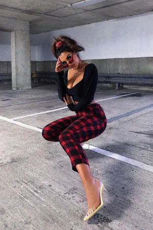 Red Check Belted Tapered Trousers - Reanne