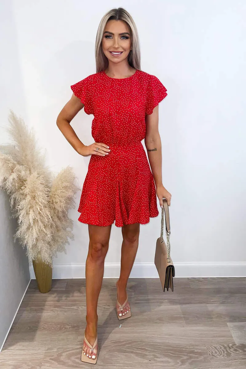 Red Polka Dot Frill Sleeve Skater Dress