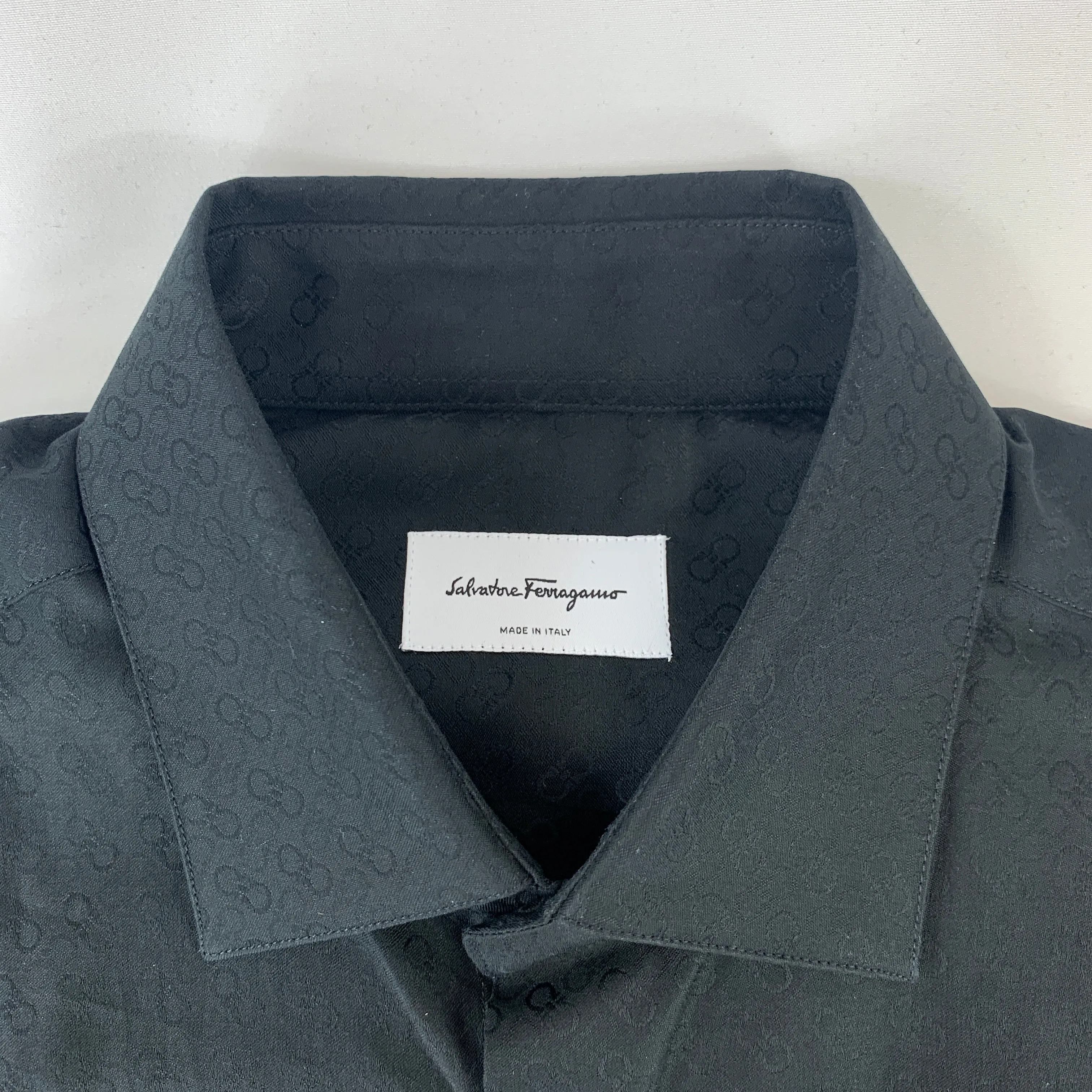 Salvatore Ferragamo Tonal Gancini Print Men's Button-Down Shirt in Black