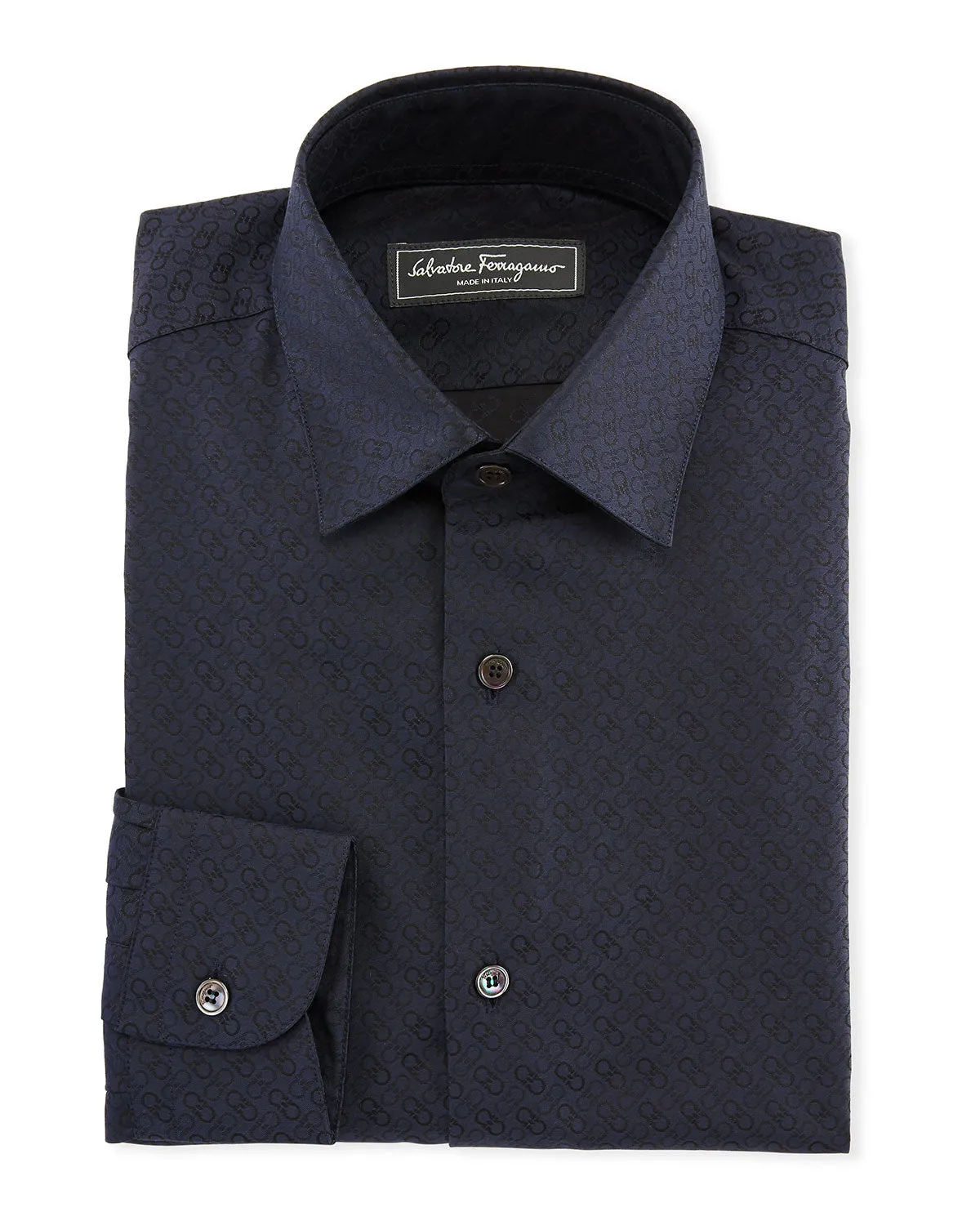 Salvatore Ferragamo Tonal Gancini Print Men's Button-Down Shirt in Black