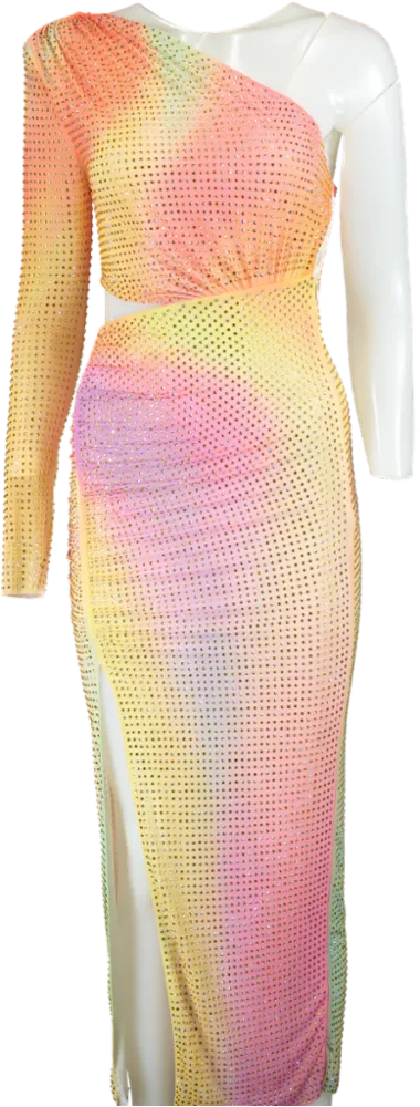 Self-Portrait Multi-Coloured Crystal Embellished One-Shoulder Dress UK 6