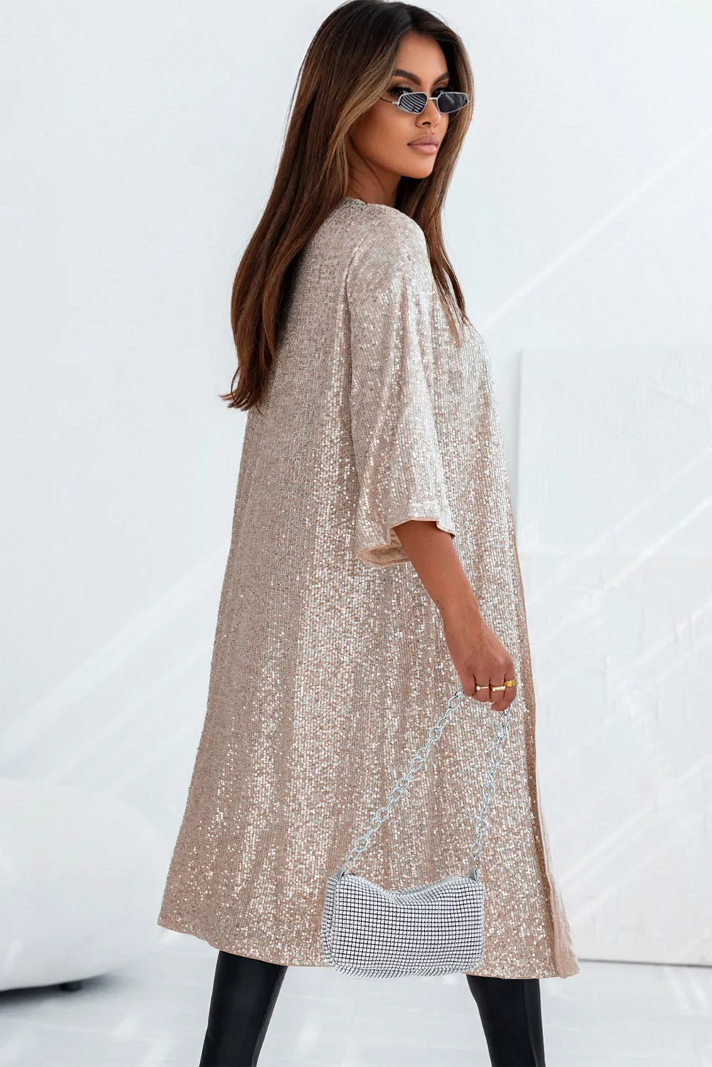 Sequin 3/4 Sleeve Duster Kimono