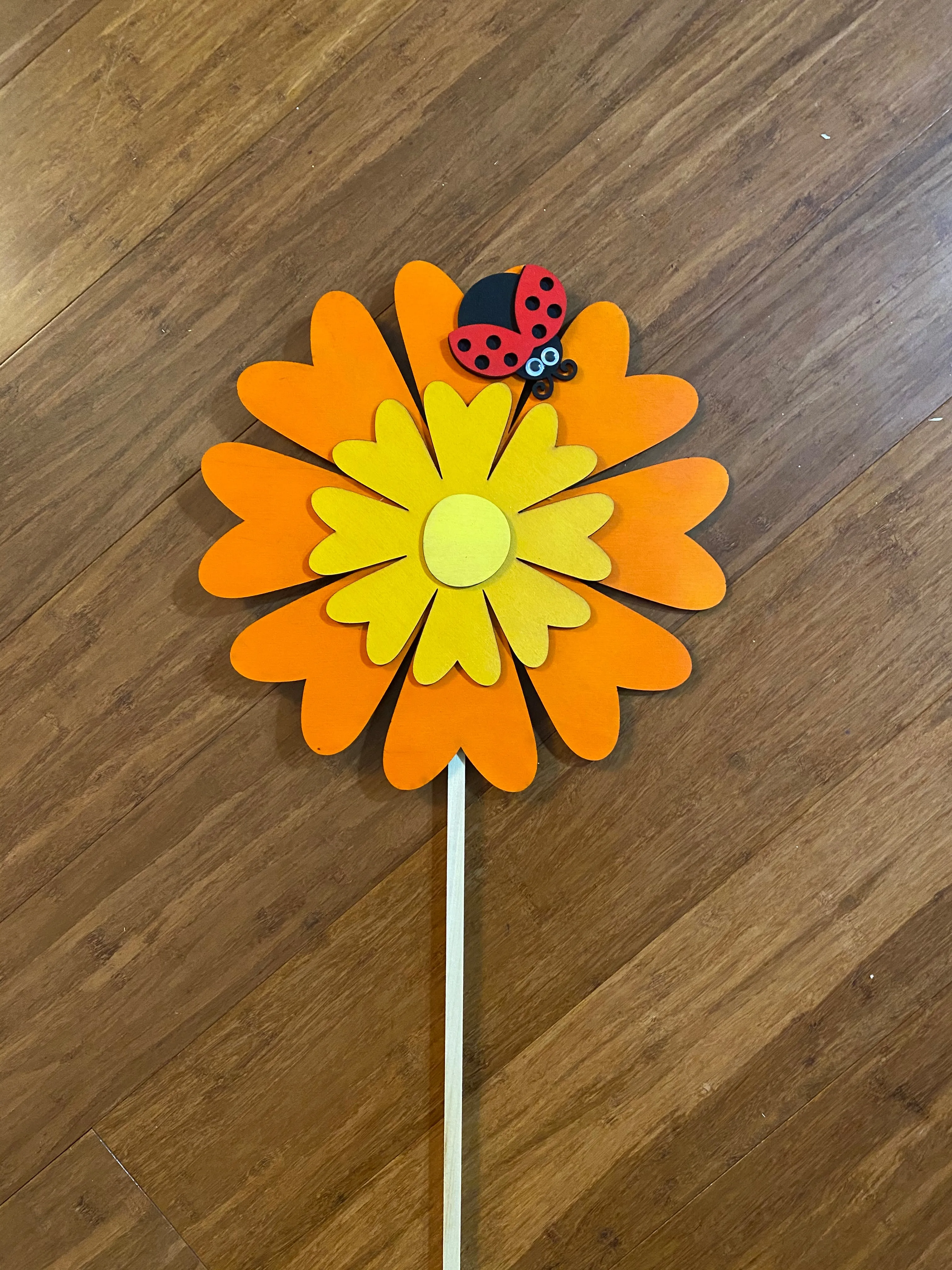 Shimmering Daisy and Ladybug Wooden Petite Plant Stake