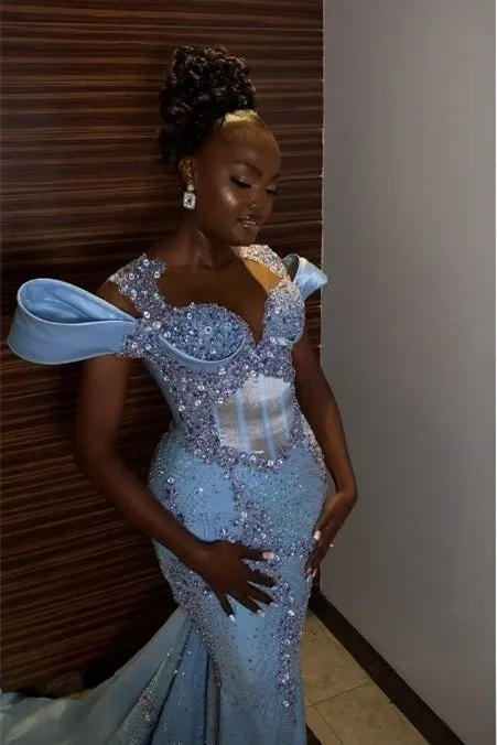 Stunning Off the shoulder Blue Mermaid Beaded Floor length Prom Dresses